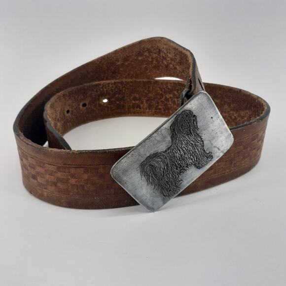 Men's Tooled Brown Leather Belt Basket Weave Shaggy Dog Buckle Old English Sheep - Picture 2 of 13